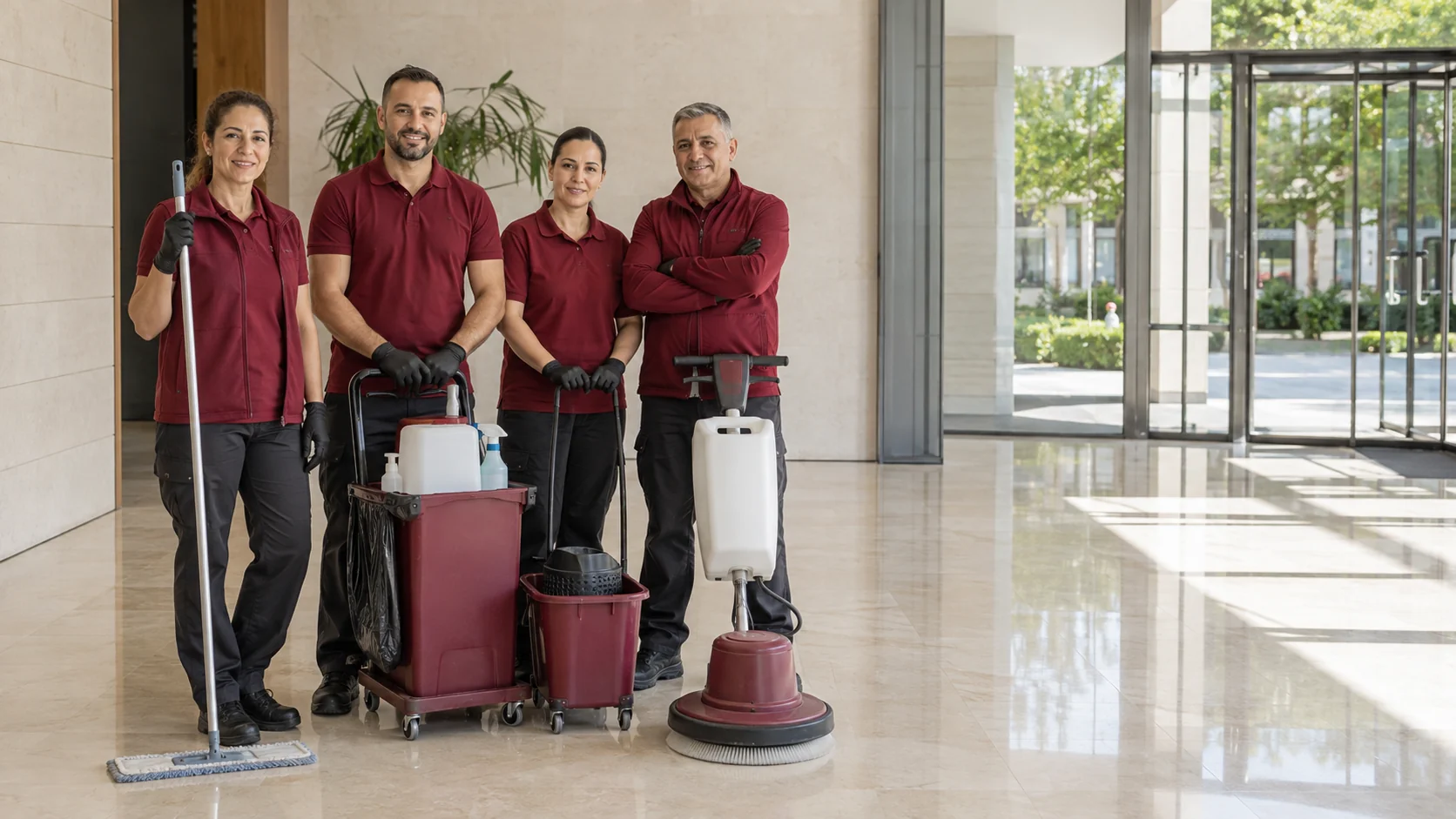 Equipo de profesionales de Limpiezas Valles Solutions con su equipamiento de trabajo
