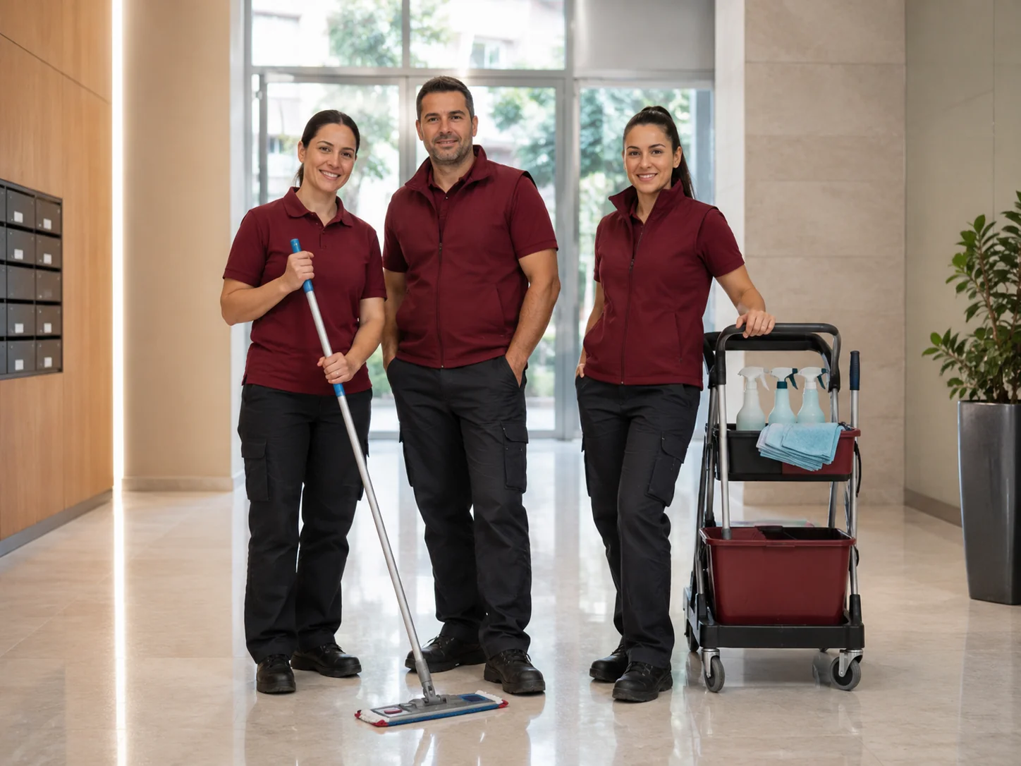 Equipo de profesionales de Limpiezas Valles Solutions en el portal de una comunidad de Sabadell