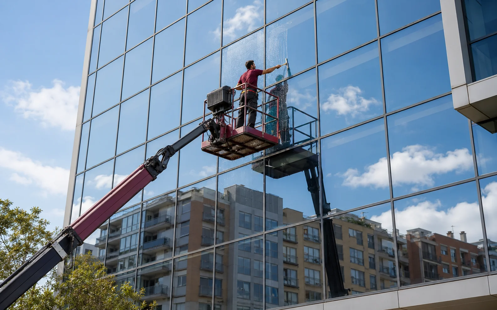 Limpieza de cristales en altura en Sabadell con plataforma elevadora sobre una fachada acristalada
