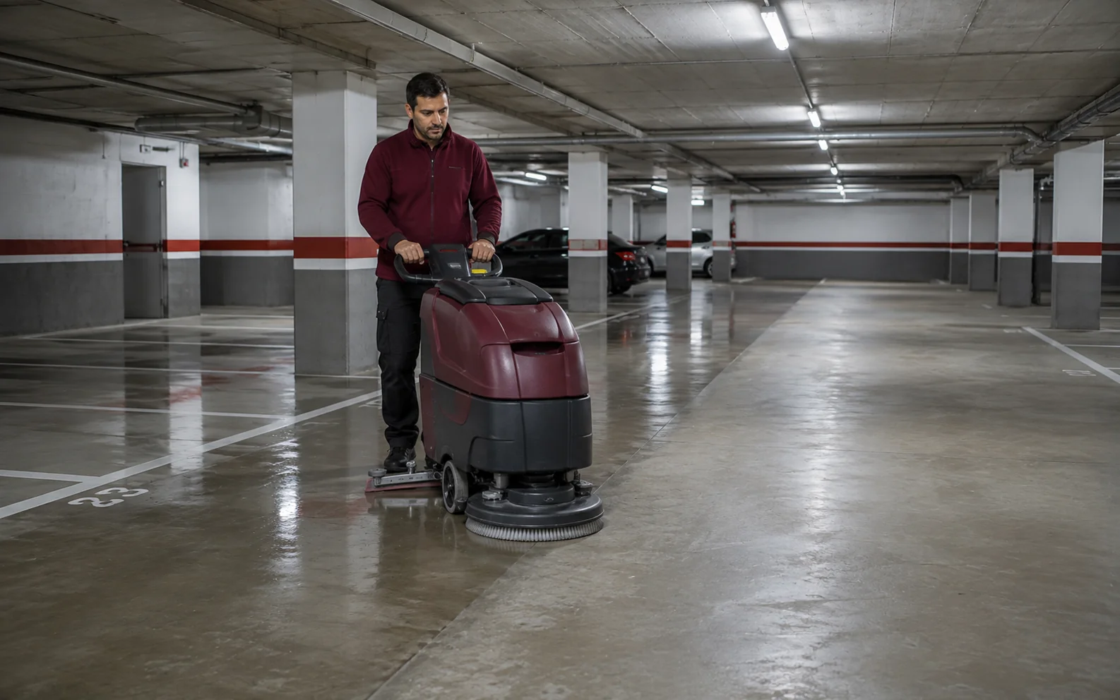 Limpieza de parkings en Sabadell con fregadora industrial en un garaje comunitario