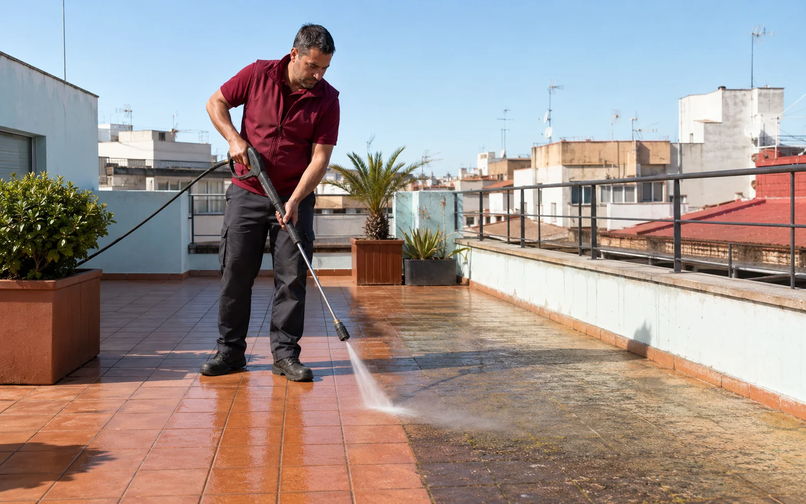 Limpieza de terrazas comunitarias en Sabadell con hidrolimpiadora sobre pavimento de baldosa